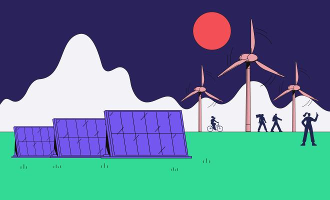 太阳能电池板和风力发电场的插图